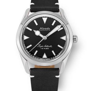 Nivada Grenchen Super Antarctic 35 mm - Black White Luminova - Black Leather White Stitching 